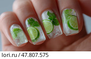 Creative nail art featuring vibrant lemon and lime designs on manicured hands. Креативный нейл-арт с яркими рисунками лимона и лайма на ухоженных руках. Стоковое AI-изображение, AI-художник Katsiaryna Repich / Фотобанк Лори