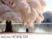 Lome man seated under a tree next to a tranquil lake, surrounded by natures beauty and serenity. Стоковое AI-изображение, AI-художник Данила Большаков / Фотобанк Лори
