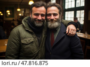 Couple of men standing side by side. They are casually dressed and appear to be engaged in conversation or simply enjoying each others company. Стоковое AI-изображение, AI-художник Данила Большаков / Фотобанк Лори