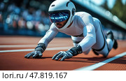 An athlete in sleek, high-tech gear is sprinting on a track, showcasing incredible speed during a competitive event in a modern stadium. Стоковое AI-изображение, AI-художник Данила Большаков / Фотобанк Лори
