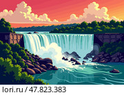 Vibrant Digital Illustration of Niagara Falls at Sunset. Стоковое AI-изображение, AI-художник Максим Гребешков / Фотобанк Лори