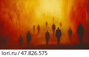 Figures in dark suits ascend stairs enveloped in a golden, hazy atmosphere, creating a surreal and eerie ambiance at dusk. Стоковое AI-изображение, AI-художник Данила Большаков / Фотобанк Лори