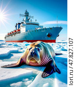 A atomic icebreaker in the Arctic ice. In the foreground, a huge walrus lies on the ice. Стоковое AI-изображение, AI-художник Сергей Елизарьев / Фотобанк Лори