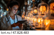 A young researcher in a laboratory studies data on a tablet surrounded by glowing brain specimens in glass jars. Стоковое AI-изображение, AI-художник Данила Большаков / Фотобанк Лори