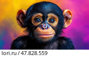 A young chimpanzee showcases its playful spirit and expressive features against a colorful backdrop, radiating curiosity and charm. Стоковое AI-изображение, AI-художник Данила Большаков / Фотобанк Лори