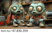 Two quirky zombie kids with exaggerated facial features sit on a table cluttered with various objects, capturing a playful yet eerie atmosphere. Стоковое AI-изображение, AI-художник Данила Большаков / Фотобанк Лори