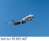 Moscow Russia Zhukovsky Airfield 31 August 2019: Passenger aircraft Airbus A350 in the demonstration flight of the international aerospace salon MAKS-2019. Стоковое фото, фотограф Фотограф / Фотобанк Лори