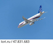 Moscow Russia Zhukovsky Airfield 25 July 2021: Commercial passenger airplane Sukhoi Superjet 100 flying demonstration flight of the international aerospace salon MAKS-2021. Стоковое фото, фотограф Фотограф / Фотобанк Лори