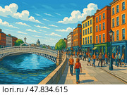Dublin cityscape with River Liffey, Ha’penny Bridge and Georgian buildings. Стоковое AI-изображение, AI-художник Максим Гребешков / Фотобанк Лори