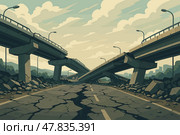 Collapsed Overpasses and Broken Highway After Massive Earthquake Damage. Стоковое AI-изображение, AI-художник Максим Гребешков / Фотобанк Лори