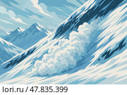 Avalanche Crashes Down Snowy Mountain Slope With Tremendous Force and Speed. Стоковое AI-изображение, AI-художник Максим Гребешков / Фотобанк Лори