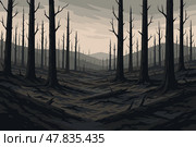 Scorched Forest Landscape Left Blackened by Intense Wildfire. Стоковое AI-изображение, AI-художник Максим Гребешков / Фотобанк Лори
