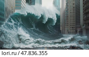 Massive tsunami surge engulfs city streets causing widespread panic and destruction. Стоковое AI-видео, аниматор Климов Денис / Фотобанк Лори