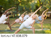 Elderly woman practices yoga pose Anjaneyasana with other people of different nationalities in summer park. Стоковое фото, фотограф Яков Филимонов / Фотобанк Лори