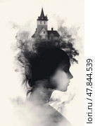 Profile of womans silhouette artfully blended with double exposure of grand Victorian house. Dreamlike vision, where treetops meld seamlessly into her mind, evoking sense of mystery and introspection. Стоковое AI-изображение, AI-художник Данила Большаков / Фотобанк Лори