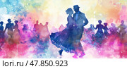 A couple dances intimately surrounded by cheerful onlookers, immersed in a lively atmosphere of vivid colors and excitement. Стоковое AI-изображение, AI-художник Данила Большаков / Фотобанк Лори