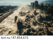 Powerful waves surge toward the shore, creating dramatic splashes against urban structures as storm clouds loom overhead. Стоковое AI-изображение, AI-художник Данила Большаков / Фотобанк Лори