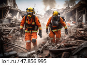 Firefighters in protective gear meticulously search through debris after an earthquake, striving to find trapped survivors in a damaged city. Стоковое AI-изображение, AI-художник Данила Большаков / Фотобанк Лори