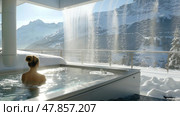 A person enjoys a soothing soak in a hot tub while snow blankets the landscape and waterfalls cascade nearby. Стоковое AI-изображение, AI-художник Данила Большаков / Фотобанк Лори
