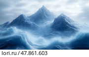 Towering peaks emerge from crashing waves in a vast ocean, surrounded by dramatic clouds that create a captivating dawn atmosphere. Стоковое AI-изображение, AI-художник Данила Большаков / Фотобанк Лори