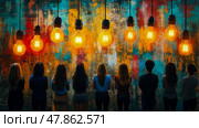 A group of individuals stands in front of a vibrant mural, captivated by colorful art, as warm lights hang above in a lively atmosphere. Стоковое AI-изображение, AI-художник Данила Большаков / Фотобанк Лори