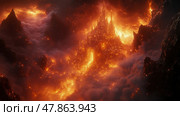 A breathtaking view showcases a radiant castle engulfed in molten lava and smoke, creating an otherworldly atmosphere during sunset. Стоковое AI-изображение, AI-художник Данила Большаков / Фотобанк Лори