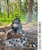 Black pot with a metal handle is sitting on a pile of wood. Стоковое фото, фотограф Олег Спиридонов / Фотобанк Лори