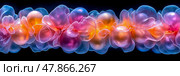 Delicate flowers with vibrant colors blend seamlessly, showcasing a stunning display of translucence and light in a dark setting. Стоковое AI-изображение, AI-художник Данила Большаков / Фотобанк Лори
