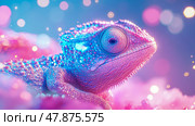 Chromatic Chameleon: A Reptilian Portrait Illuminated in Fluorescent Hues, a Vibrant and otherworldly depiction for Print. Стоковое AI-изображение, AI-художник Данила Большаков / Фотобанк Лори