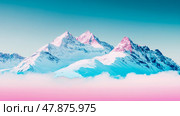 Majestic Peak: Snow-Capped summits rising above clouds, a serenity landscape, scenic canvas for calm inspiration. Стоковое AI-изображение, AI-художник Данила Большаков / Фотобанк Лори