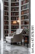 A Cozy Reading Nook with Shelves and Comfortable Armchair. Стоковое AI-изображение, AI-художник Данила Большаков / Фотобанк Лори