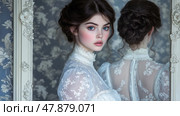Ethereal Portrait: A woman's wistful gaze in reflective repose. Victorian era, soft illumination, gentle emotion, quiet reflection. Стоковое AI-изображение, AI-художник Данила Большаков / Фотобанк Лори