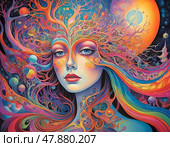 A mesmerizing blend of colors showcases a female figure with flowing hair, surrounded by cosmic elements. Psychedelic colorful visions and hallucinations. Small elements. Generative AI. Стоковое AI-изображение, AI-художник Юлия Петровская / Фотобанк Лори