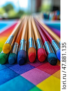 Brightly colored paintbrushes lie on a vivid palette, showcasing a variety of hues during an engaging art activity inside a studio. Стоковое AI-изображение, AI-художник Данила Большаков / Фотобанк Лори