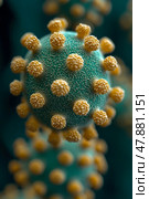 This close-up view reveals the complex structure of a virus, showcasing unique surface features in vibrant colors and intricate details. Стоковое AI-изображение, AI-художник Данила Большаков / Фотобанк Лори