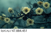 Delicate flowers emerge from dark, twisted branches adorned with gears, illustrating a blend of nature and machinery in a surreal environment. Стоковое AI-изображение, AI-художник Данила Большаков / Фотобанк Лори