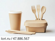 Eco Friendly Brown Tableware on White Background. Front View. Plastic free Set. Paper Utensil. Street Food Recyclable Packaging. Zero waste Paperware. Mockup. Disposable Take out Cup, wooden cutlery. Стоковое AI-изображение, AI-художник Марина Демидюк / Фотобанк Лори