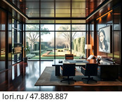 Modern luxury CEO office interior with the latest technology, wooden walls and a large window overlooking the garden. Стоковое AI-изображение, AI-художник Iva Noel / Фотобанк Лори