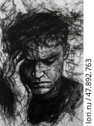Dark expressionist sketch of chaotic human figure symbolizing schizophrenia. Мрачный экспрессионистский набросок хаотичной человеческой фигуры, символизирующей шизофрению. Стоковое AI-изображение, AI-художник Katsiaryna Repich / Фотобанк Лори