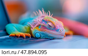 Whimsical reptile slumbering on technology: a colorful iguana taking a nap atop a computer keyboard. Стоковое AI-изображение, AI-художник Данила Большаков / Фотобанк Лори