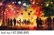 Crowds of people gather at a lively festival under colorful lanterns, enjoying the evening ambiance filled with warmth and joy. Стоковое AI-изображение, AI-художник Данила Большаков / Фотобанк Лори