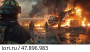 A group of firefighters is actively fighting a large fire engulfing a warehouse with smoke and flames lighting up the night sky. Стоковое AI-изображение, AI-художник Данила Большаков / Фотобанк Лори