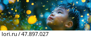 The boy looks upward, mesmerized by the shimmering fireflies illuminating the twilight forest, creating a whimsical atmosphere. Стоковое AI-изображение, AI-художник Данила Большаков / Фотобанк Лори