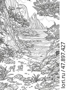 A black and white drawing of a mountain stream meandering through rocks and boulders. Стоковое AI-изображение, AI-художник Данила Большаков / Фотобанк Лори