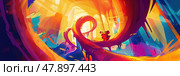 A vibrant, abstract world with playful characters, fluid shapes, and a warm, luminous color palette. Стоковое AI-изображение, AI-художник Данила Большаков / Фотобанк Лори