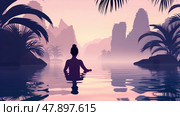 A person enjoys a peaceful moment in still water surrounded by lush greenery at dusk. Стоковое AI-изображение, AI-художник Данила Большаков / Фотобанк Лори