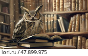 An owl is sitting atop an open book, with its feathers ruffled slightly. The books pages are spread wide, as if waiting to be read. Стоковое AI-изображение, AI-художник Данила Большаков / Фотобанк Лори