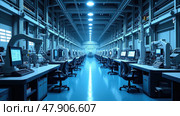 A Spacious Smart Factory Interior Demonstrates Cutting-Edge Automation With Rows of Machinery and Workstations. Стоковое AI-изображение, AI-художник Sergey Grishin / Фотобанк Лори