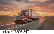 A long-haul semi-truck, navigating a scenic highway against a sunset. Стоковое AI-видео, аниматор Михаил Строгалев / Фотобанк Лори