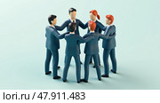 A 3D icon of a team huddle with abstract figures in suits, dynamic posing, teamwork concept. Стоковое AI-изображение, AI-художник Sergey Grishin / Фотобанк Лори